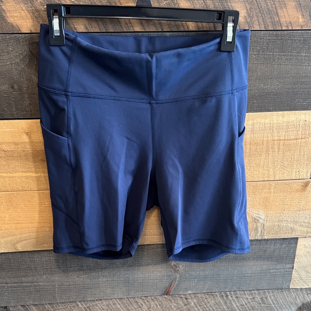 Fabletics Navy High-Rise Bike Shorts with Side Pockets